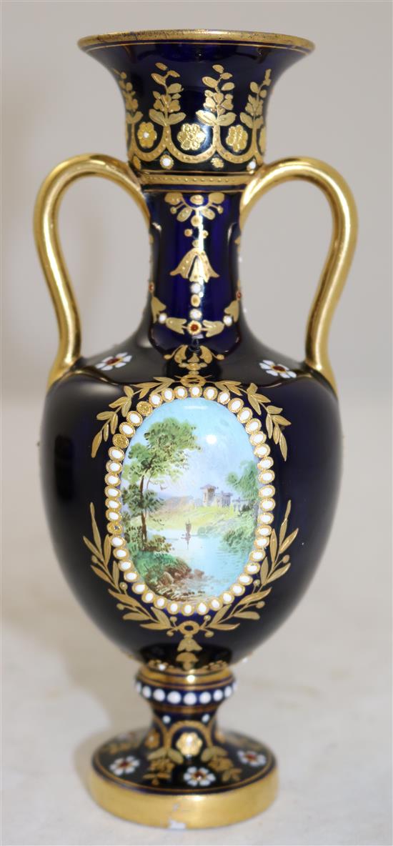 A Coalport jewelled twin handled vase and a heart shaped box and cover, late 19th century, vase 16cm, restored